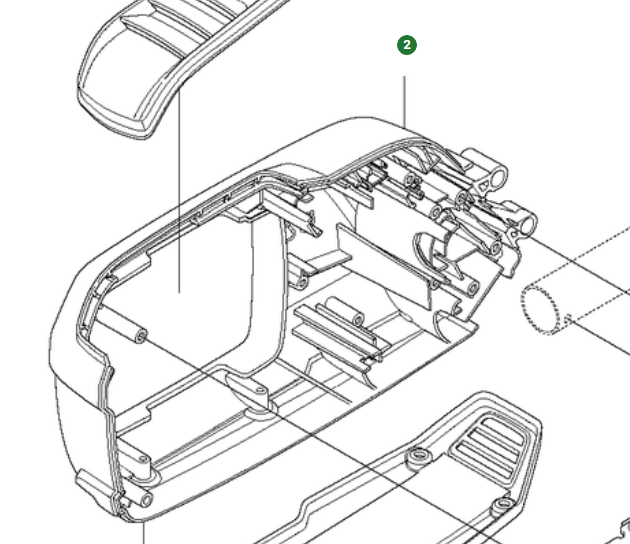 Akkukotelon puolikas, vasen ryhmässä Varaosat / Varaosat Pensasleikkurit / Varaosat Husqvarna 520iHT4 @ GPLSHOP (5770076-03)